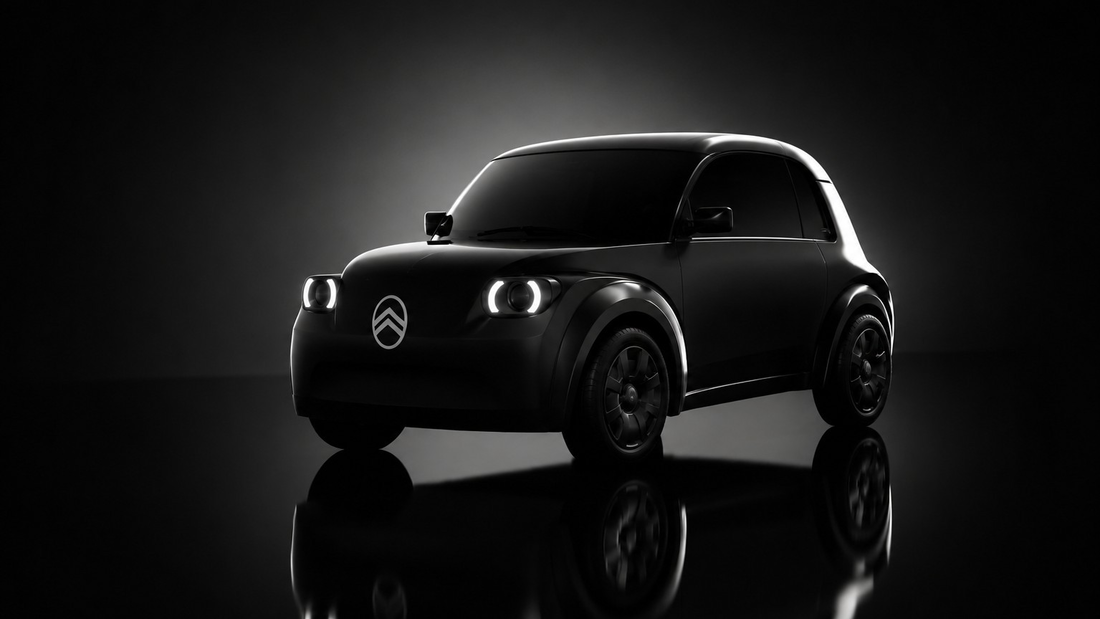 Abgedunkelte Silhouette des geplanten Citroën 2CV als Elektroauto mit rundlicher Karosserie und Citroën-Logo.