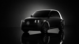 Abgedunkelte Silhouette des geplanten Citroën 2CV als Elektroauto mit rundlicher Karosserie und Citroën-Logo.