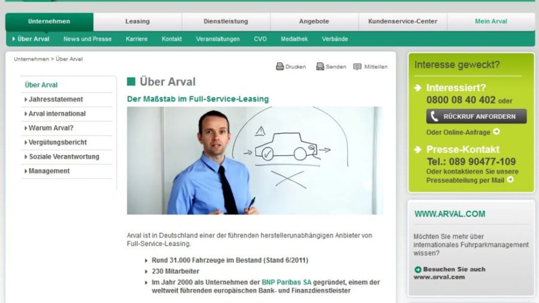 Arval, Screenshot, Homepage, Februar 2012