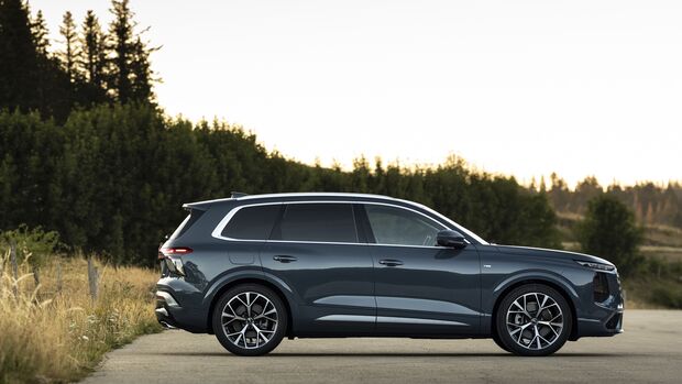 Audi Q7 im vollständigen Seitenprofil auf einer Landstraße vor Bäumen und Wiesen in einer ländlichen Umgebung.