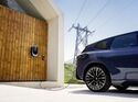 BMW iX3 an bidirektionign er angeschlossen Wallbox mit Stromnetz im Hintergrund, dargestellt als Beispiel für bidirektionales Laden und Vehicle-to-Grid.