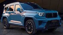 Blauer GWM Tank 700 Hi4-Z SUV vor modernem Gebäude