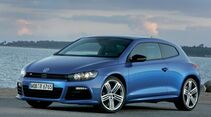 Blauer VW Scirocco R in Front- und Seitenansicht vor einer Küstenlandschaft.
