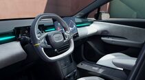 Cockpit des Lynk & Co 02 Modelljahr 2027 mit Digitalinstrumenten, Zentraldisplay und heller Innenraumgestaltung.