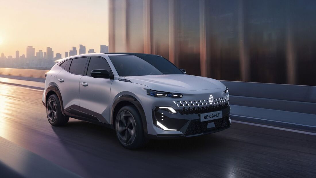 Cockpit des Renault Filante mit breitem Display, Navigation und Videoanzeige im Armaturenbrett.