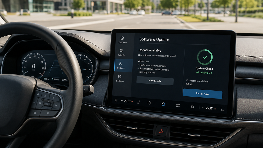 Cockpit eines Dienstwagens mit großem Display und Hinweis auf ein verfügbares Software-Update.