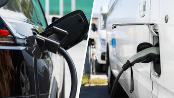 Collage mit Elektroauto und E-Transporter beim Laden an einer Ladesäule