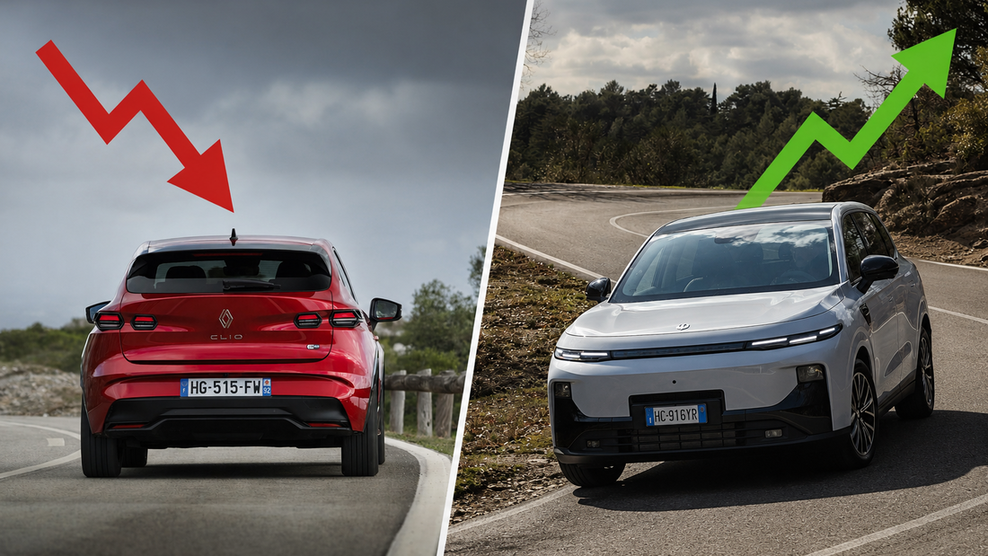 Collage mit Renault Clio und Leapmotor B10 im Herstellervergleich mit Pfeilen für Marktanteilsentwicklung
