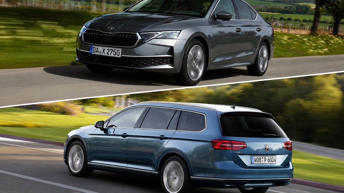 Collage mit Skoda Octavia und VW Passat als Vergleich der Top-Modelle im Flottenmarkt 2026 und 2021.