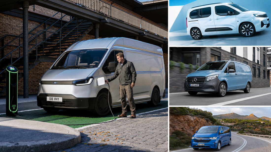 Collage mit elektrischen Vans verschiedener Hersteller, darunter ein Lieferwagen an einer Ladesäule.