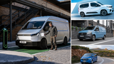 Collage mit elektrischen Vans verschiedener Hersteller, darunter ein Lieferwagen an einer Ladesäule.