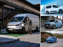Collage mit elektrischen Vans verschiedener Hersteller, darunter ein Lieferwagen an einer Ladesäule.
