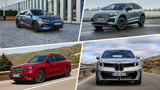 Collage mit vier Autos von BYD, Audi, Mercedes-Benz und BMW in diagonal getrennten Bildfeldern.