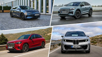 Collage mit vier Autos von BYD, Audi, Mercedes-Benz und BMW in diagonal getrennten Bildfeldern.