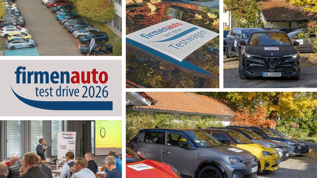 Collage zum firmenauto test drive 2026 mit Testfahrzeugen, Vortragssituation und Fahrzeugaufstellung im Herbst.