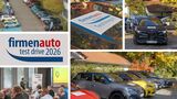 Collage zum firmenauto test drive 2026 mit Testfahrzeugen, Vortragssituation und Fahrzeugaufstellung im Herbst.