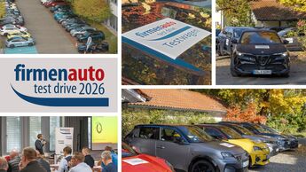 Collage zum firmenauto test drive 2026 mit Testfahrzeugen, Vortragssituation und Fahrzeugaufstellung im Herbst.