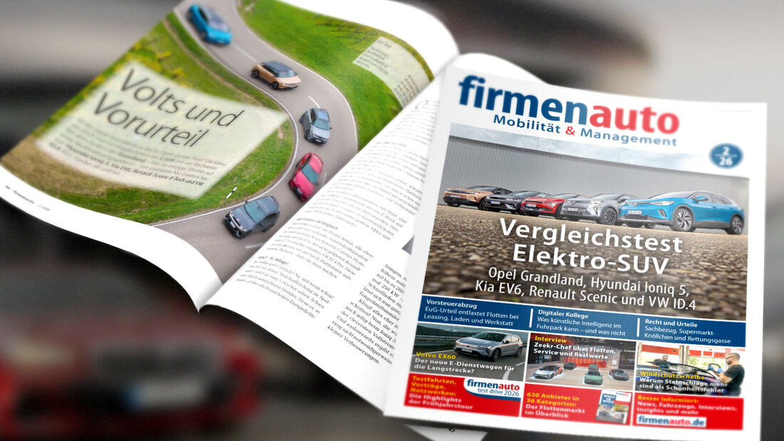 Cover und Innenseiten der firmenauto 2/2026 mit Themen zu Elektro-SUV, Ladeinfrastruktur und Fuhrparkmanagement.