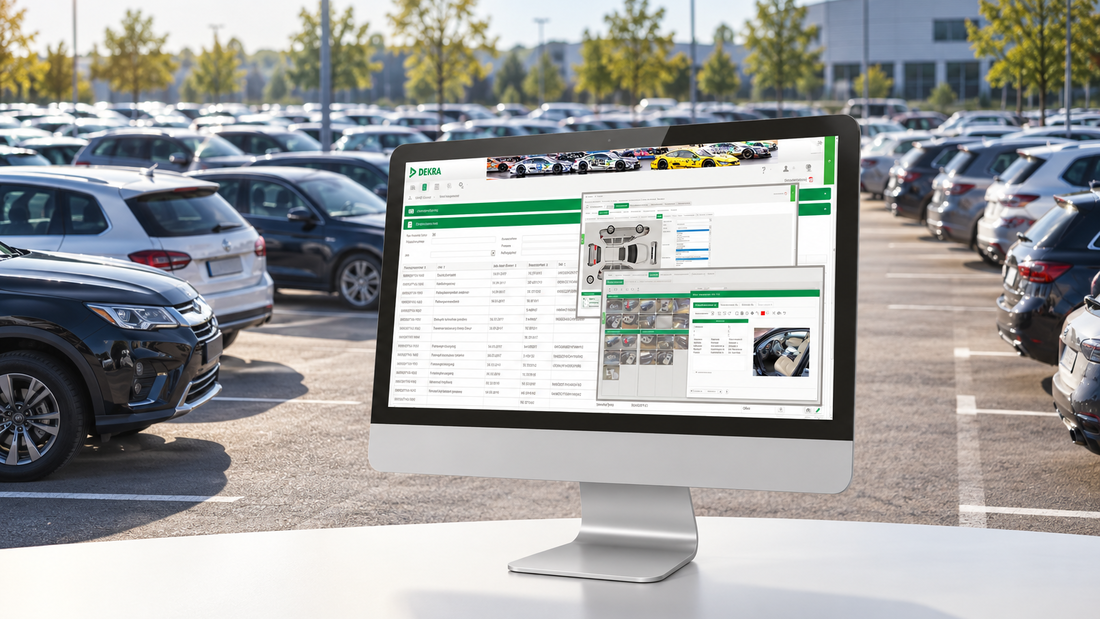 Dekra Professional auf einem Monitor vor einem großen Fuhrpark. FirmFleet ergänzt das System um die digitale Fahrzeugortung.