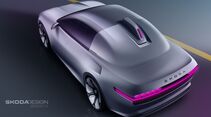 Draufsicht auf Skoda Icon Studie im Studio-Rendering, mit durchgehendem LED-hecklichtband, glatter dachlinie und zentraler dachfinne.