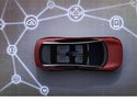 Draufsicht auf ein rotes Auto, umgeben von vernetzten Symbolen wie Cloud, Smartphone, Sicherheit und Carsharing in einer digitalen Netzwerkdarstellung.
