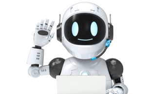 Ein weißer KI-Roboter sitzt vor einem Laptop und hebt die Hand.