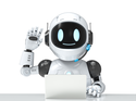 Ein weißer KI-Roboter sitzt vor einem Laptop und hebt die Hand.