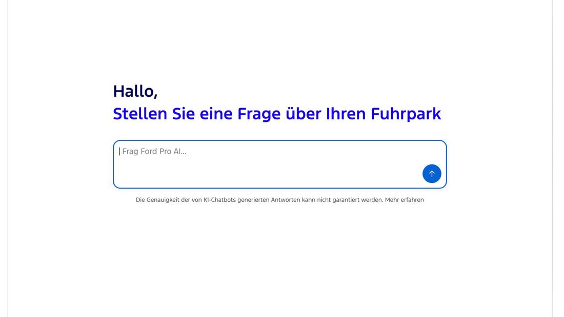 Eingabemaske von Ford Pro AI mit der Aufforderung, eine Frage zum Fuhrpark zu stellen.