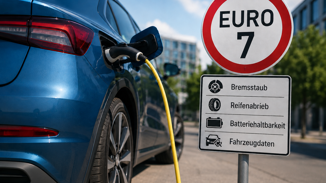 Elektroauto an einer Ladesäule neben einem Euro-7-Schild mit Hinweisen auf Bremsstaub, Reifenabrieb und Fahrzeugdaten.