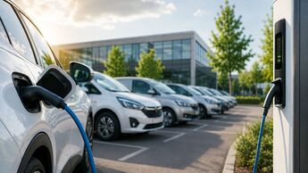 Elektroauto lädt an einer Ladesäule vor einer Reihe von Flottenfahrzeugen auf einem Parkplatz.
