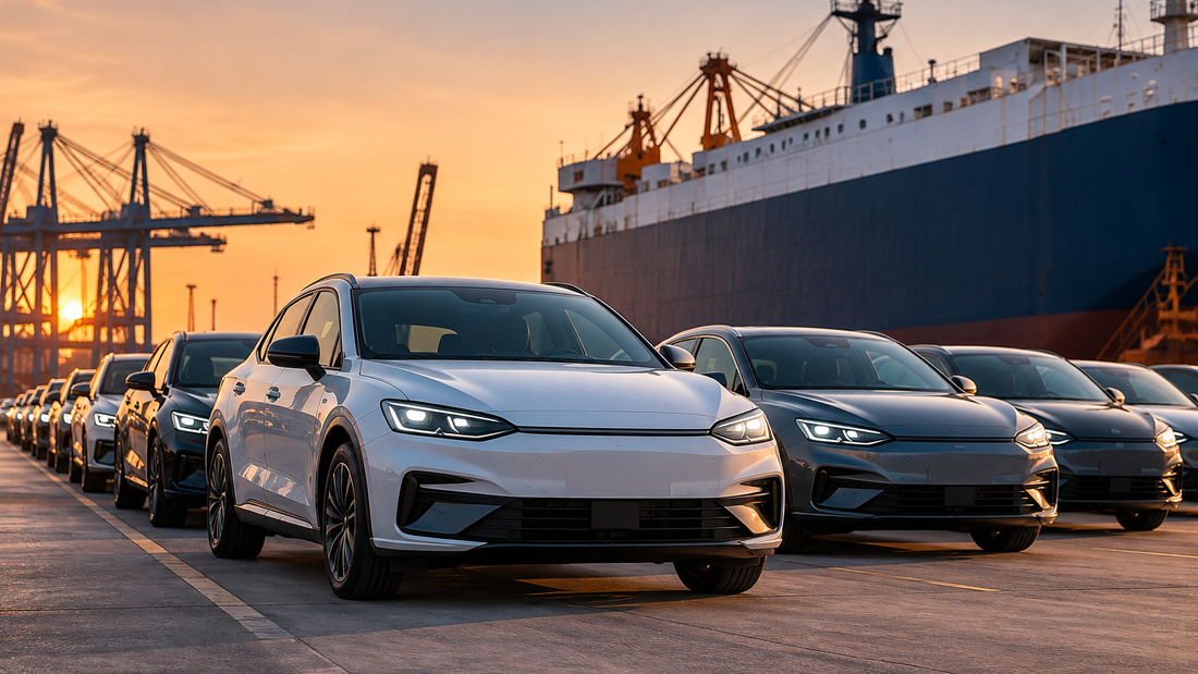 Elektroautos in mehreren Reihen vor einem Frachtschiff im Hafen. Das Symbolbild illustriert den Wettbewerb mit chinesischen Autoherstellern.