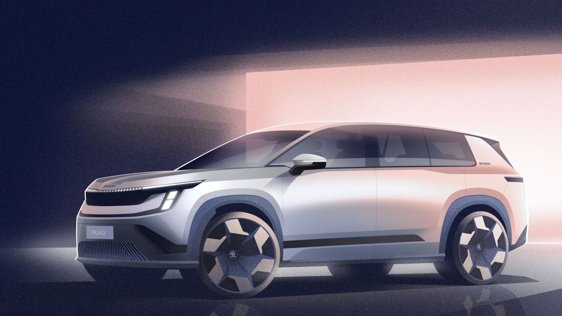 Exterieurskizze des Skoda Peaq als elektrischer Siebensitzer mit T-förmigen Frontleuchten und Tech-Deck-Face.