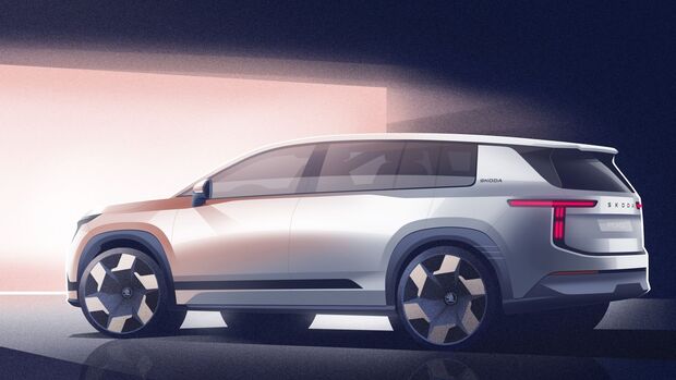 Exterieurskizze des Skoda Peaq mit Seitenansicht, breiter D-Säule und T-förmigen Rückleuchten am Heck.