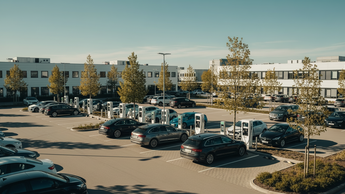 Firmenparkplatz mit mehreren Elektroautos an Ladesaeulen vor Buerogebaeuden