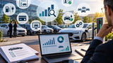 Fuhrparkmanager am Laptop mit Fuhrpark-Dashboard, Car-Policy-Unterlagen und Firmenparkplatz mit E-Auto an Ladesäule im Hintergrund
