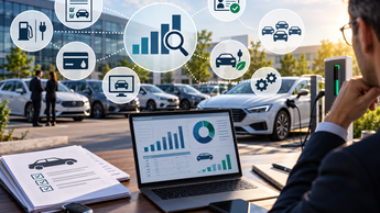 Fuhrparkmanager am Laptop mit Fuhrpark-Dashboard, Car-Policy-Unterlagen und Firmenparkplatz mit E-Auto an Ladesäule im Hintergrund