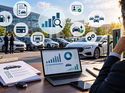 Fuhrparkmanager am Laptop mit Fuhrpark-Dashboard, Car-Policy-Unterlagen und Firmenparkplatz mit E-Auto an Ladesäule im Hintergrund