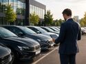 Fuhrparkmanager prüft Fahrzeuge auf einem Firmenparkplatz mit einem Tablet.