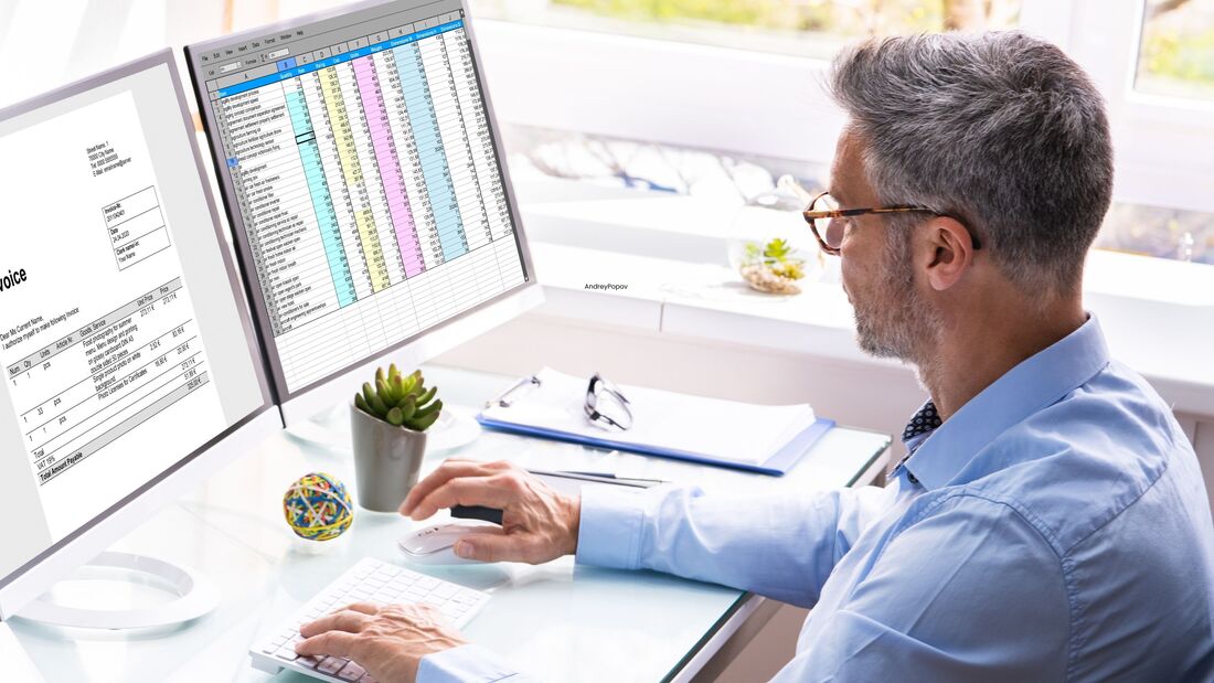 Fuhrparkverantwortlicher vergleicht am Computer Kosten und Konditionen von Leasing und Mietkauf.