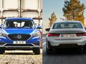 Gegenüberstellung eines MG ZS EV und eines BMW-Modells als Beispiel für chinesische und deutsche Automobilhersteller.