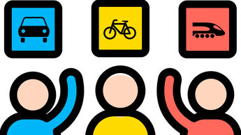 Grafik mit Symbolen für Auto, Fahrrad und Bahn sowie drei stilisierten Personen, die unterschiedliche Verkehrsmittel für den Arbeitsweg anzeigen.
