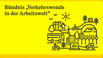 Grafik zum Bündnis „Verkehrswende in der Arbeitswelt“ mit Symbolen für Bus, Fahrrad, Zug und betriebliche Mobilität