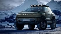 Hyundai Crater Concept in frontaler Ansicht auf verschneitem Gelände mit Offroad-Reifen und Dachbeleuchtung.