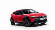 Hyundai Ioniq 3 in Rot aus schräger Frontperspektive mit LED-Leuchten und geschlossener Front