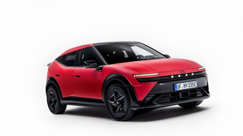 Hyundai Ioniq 3 in Rot aus schräger Frontperspektive mit LED-Leuchten und geschlossener Front