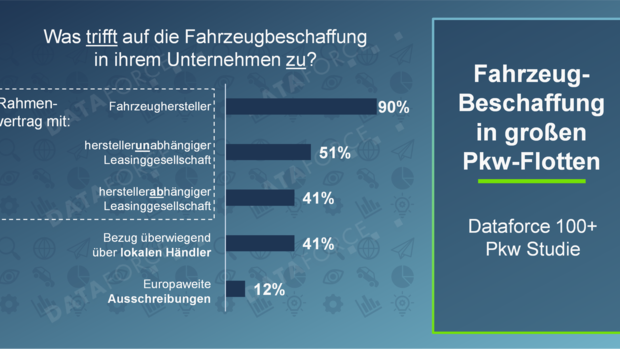 Infografik zur Fahrzeugbeschaffung in großen Pkw-Flotten mit Anteilen für Herstellerverträge, Leasinggesellschaften, lokale Händler und Ausschreibungen.