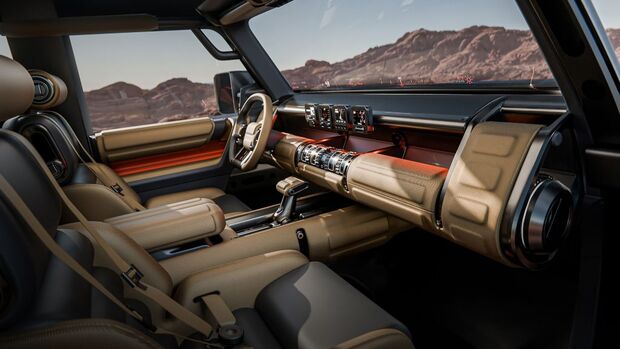 Innenraum des Hyundai Boulder Concept mit breiter Armaturentafel, physischen Bedienelementen und robust gestalteter Mittelkonsole.