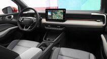 Innenraum des Skoda Epiq mit Lenkrad, digitalem Cockpit, zentralem Infotainment-Display und Mittelkonsole.