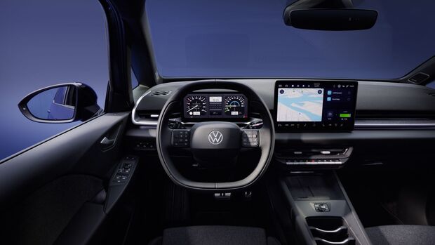 Innenraum des VW ID.3 Neo mit Lenkrad, digitalem Kombiinstrument und zentralem Infotainment-Display