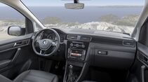 Innenraum eines VW Caddy mit Lenkrad, Armaturenbrett und Infotainment-System, Blick durch die Frontscheibe auf eine Küstenlandschaft
